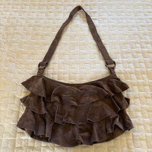 Ruffled Suede Shoulder Bag in Brown
